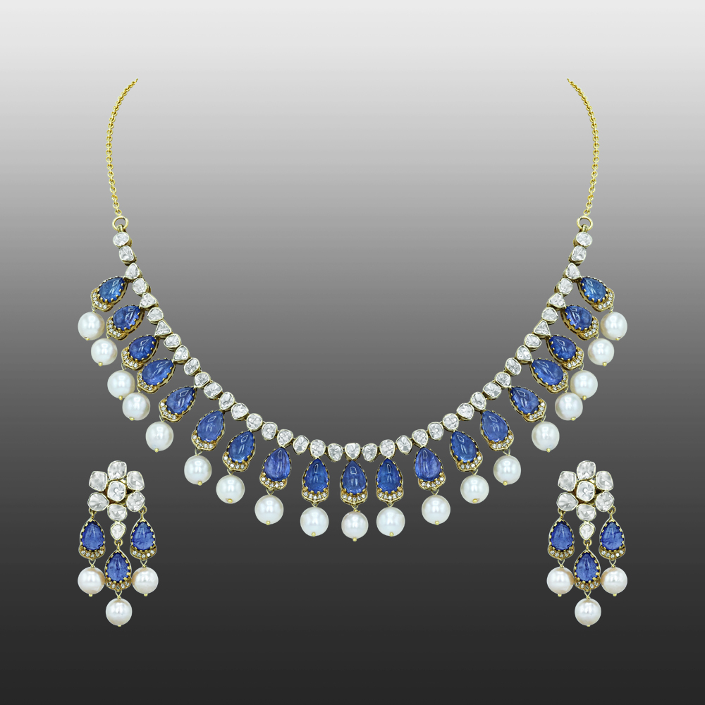 Tanzanite Necklace Set with Polki Diamonds and Pearl Drops